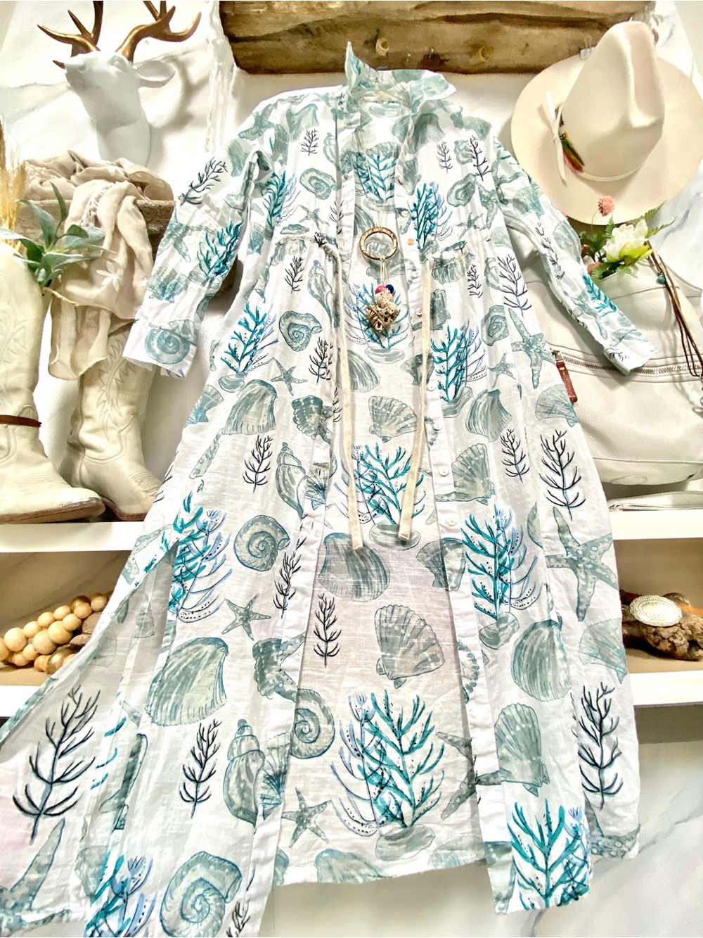 Beach shell boho duster/dress w resort vacay cruise shabby chic costal vibe